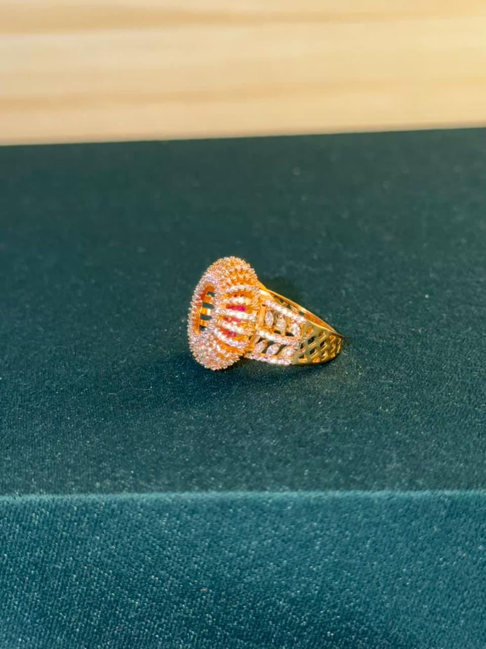 Pink and White Stone Round Design Gold Plated Ring Size Adjustable