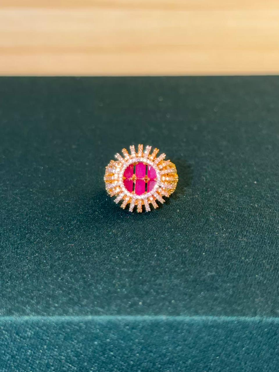 Pink and White Stone Round Design Gold Plated Ring Size Adjustable