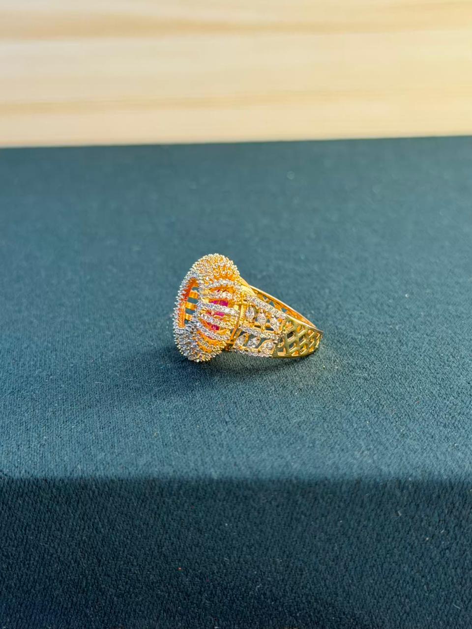 Pink and White Stone Round Design Gold Plated Ring Size Adjustable