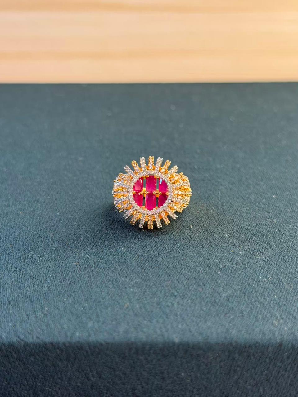Pink and White Stone Round Design Gold Plated Ring Size Adjustable