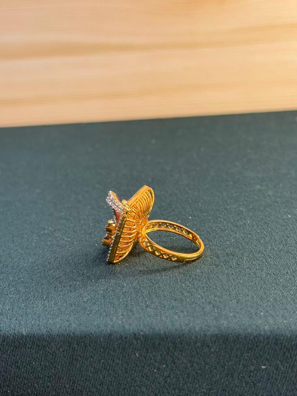 Pink and White Stone Square Design Gold Plated Ring Size Adjustable