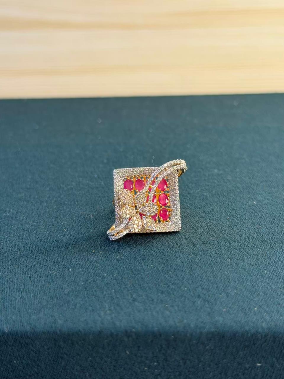 Pink and White Stone Square Design Gold Plated Ring Size Adjustable