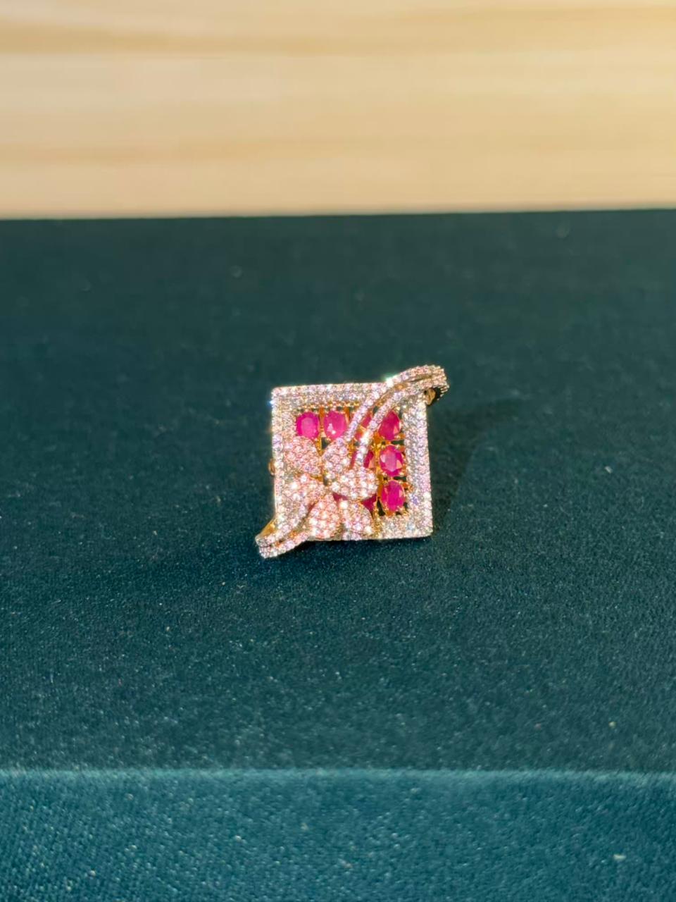 Pink and White Stone Square Design Gold Plated Ring Size Adjustable
