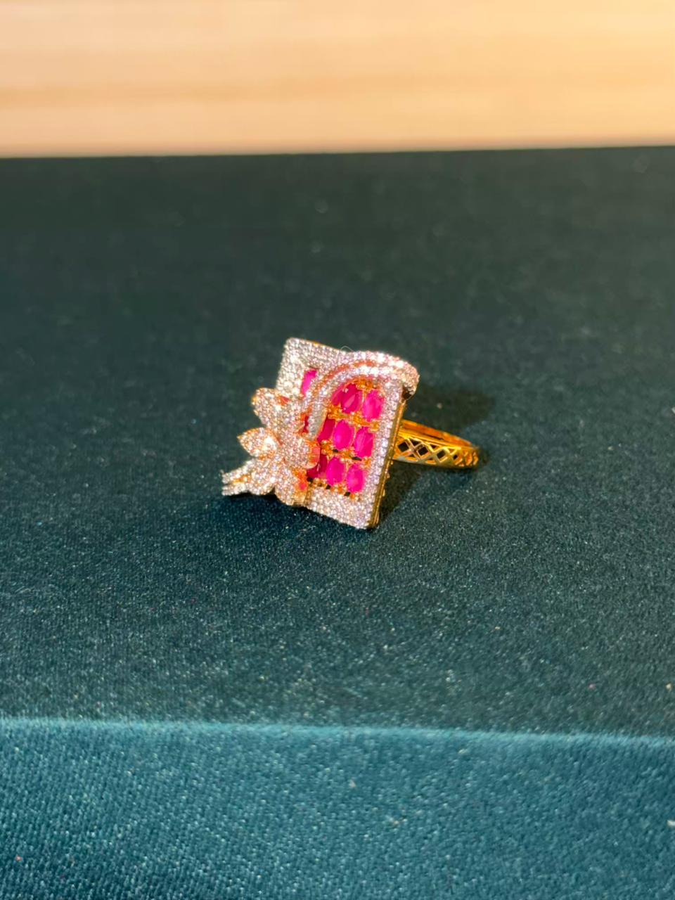 Pink and White Stone Square Design Gold Plated Ring Size Adjustable