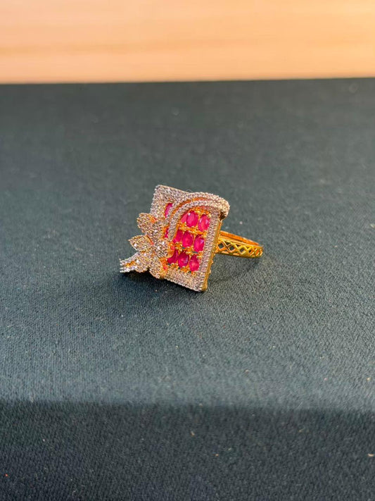 Pink and White Stone Square Design Gold Plated Ring Size Adjustable