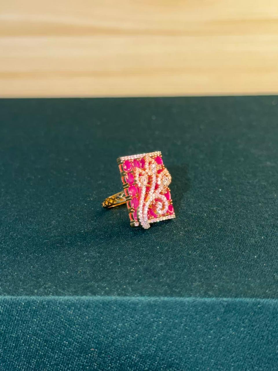 Pink Stone Cluster Design Gold Plated Ring Size Adjustable