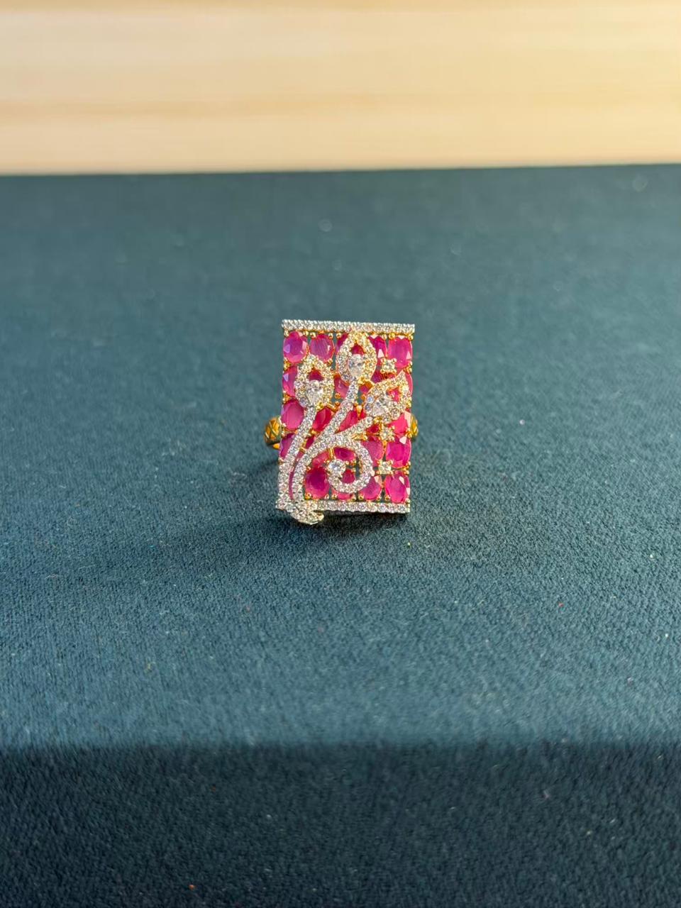 Pink Stone Cluster Design Gold Plated Ring Size Adjustable