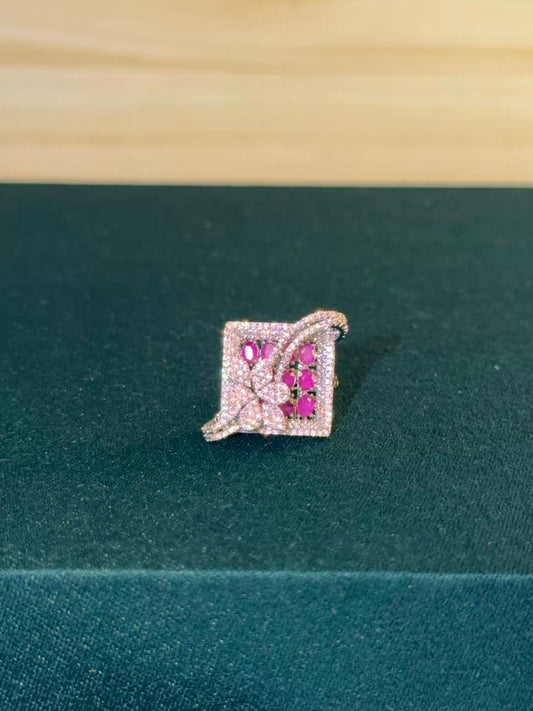 Pink and White Stone Square Design Silver Plated Ring Size Adjustable