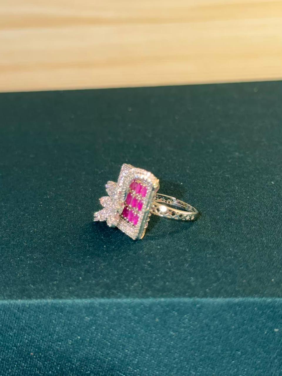 Pink and White Stone Square Design Silver Plated Ring Size Adjustable