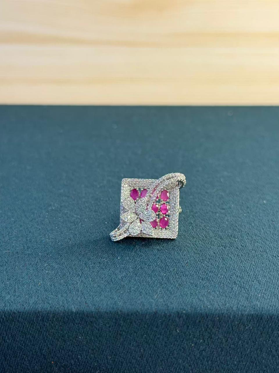 Pink and White Stone Square Design Silver Plated Ring Size Adjustable