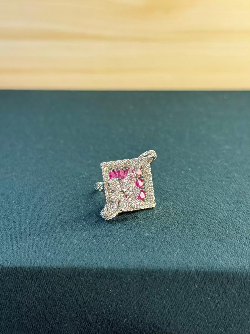 Pink and White Stone Square Design Silver Plated Ring Size Adjustable