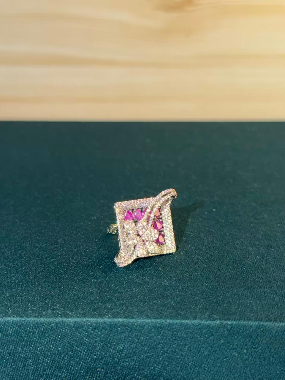 Pink and White Stone Square Design Silver Plated Ring Size Adjustable