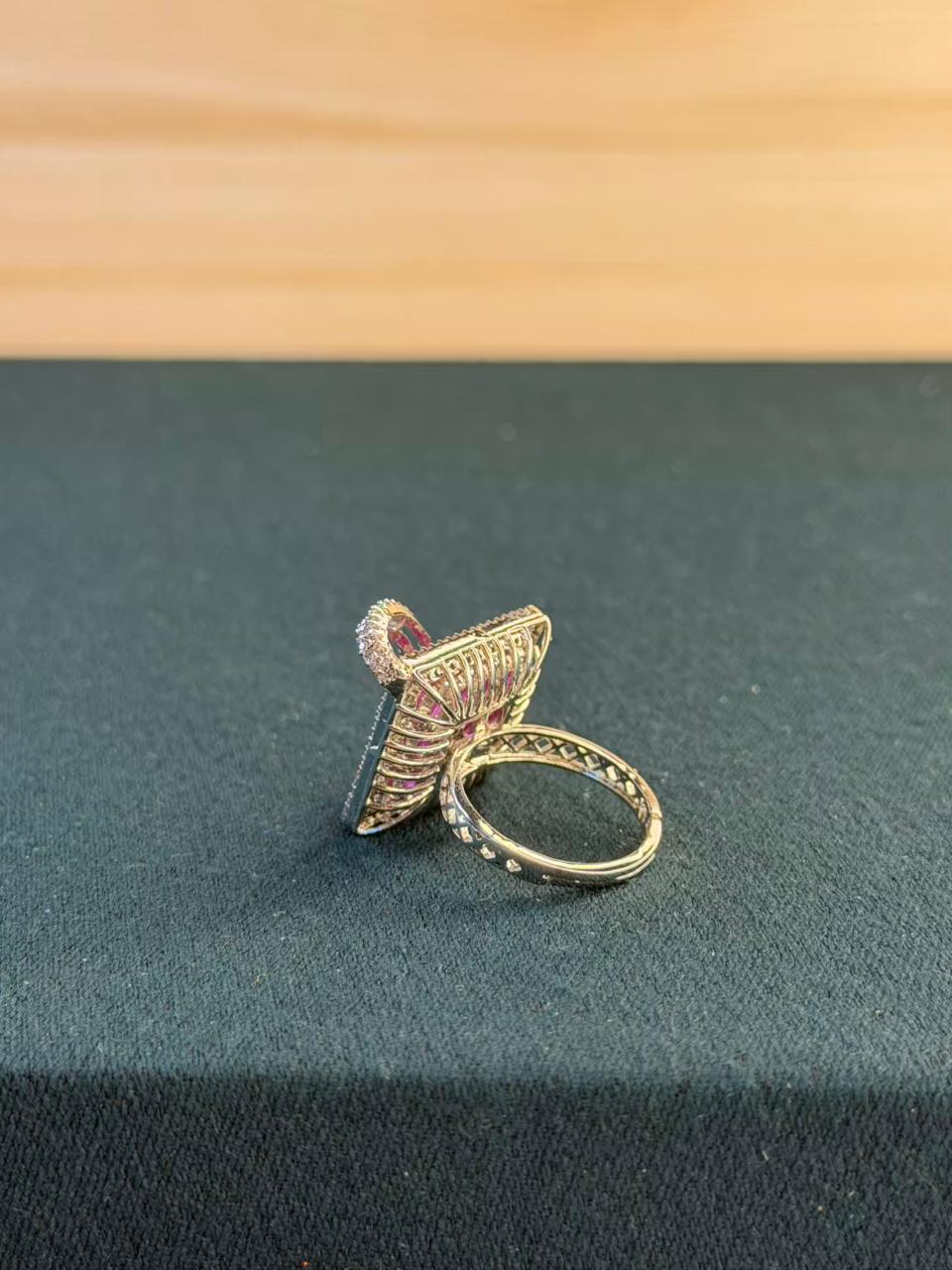 Pink and White Stone Square Design Silver Plated Ring Size Adjustable