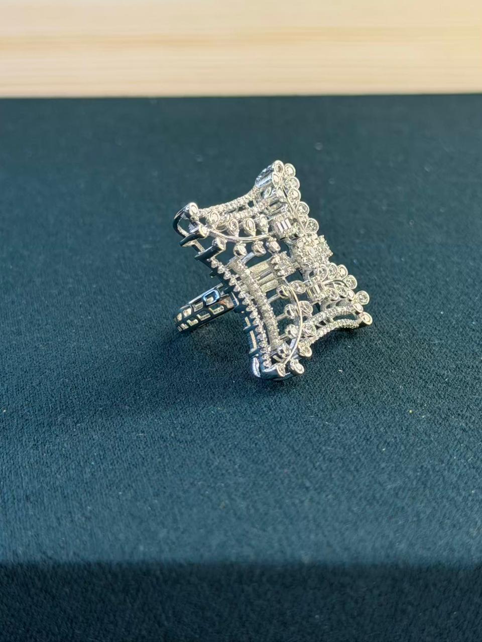 White Stone Architectural Design Silver Plated Ring Size Adjustable