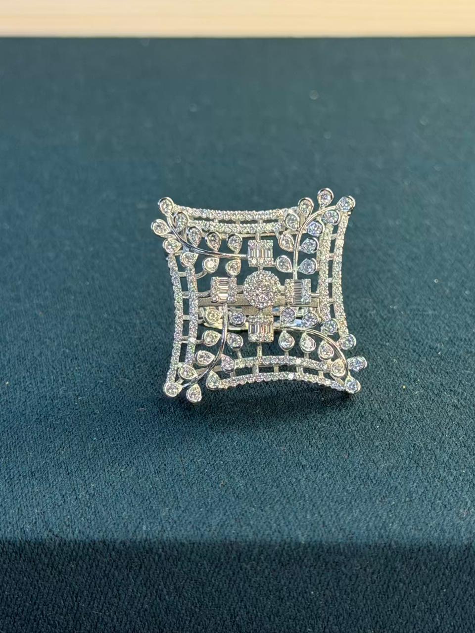 White Stone Architectural Design Silver Plated Ring Size Adjustable