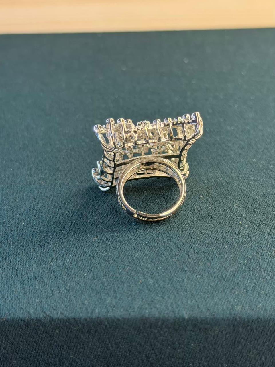 White Stone Architectural Design Silver Plated Ring Size Adjustable