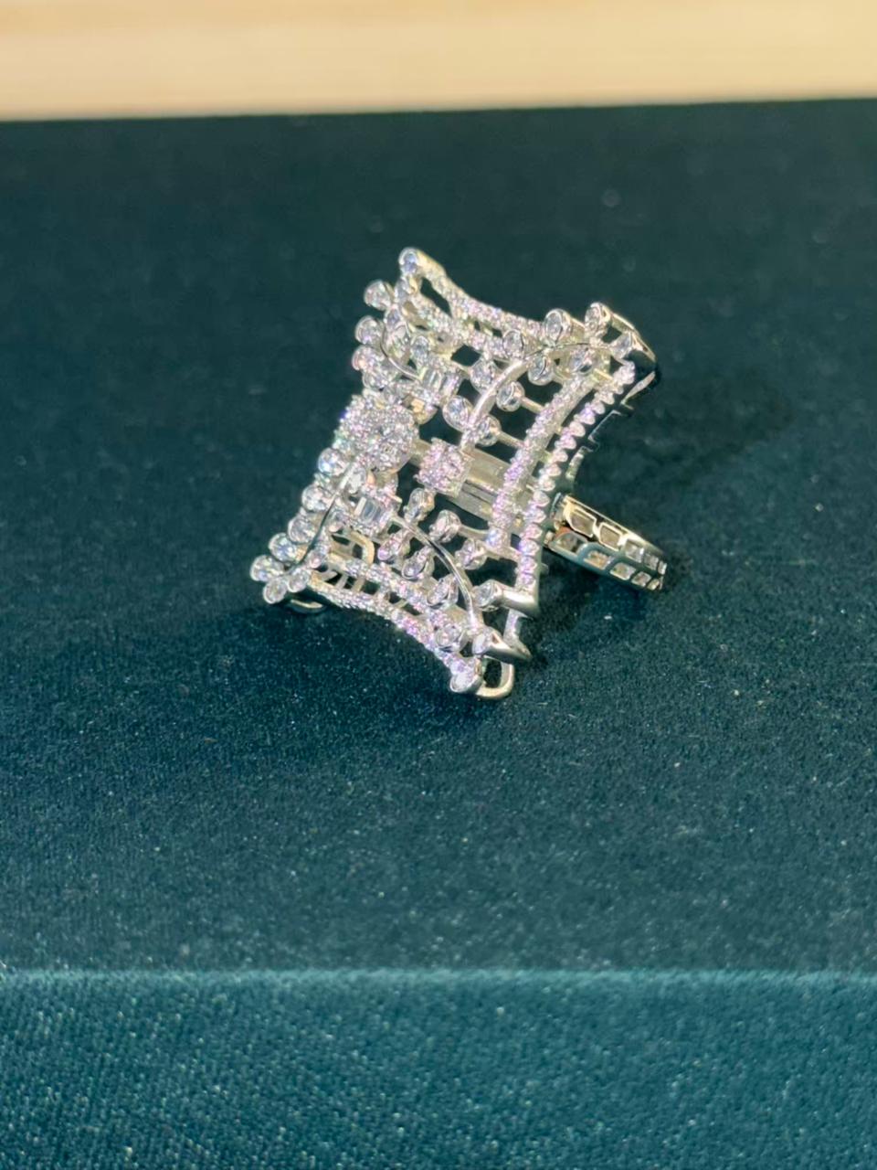 White Stone Architectural Design Silver Plated Ring Size Adjustable