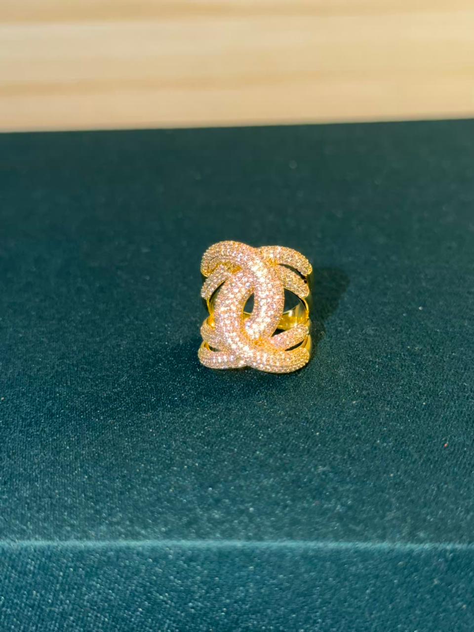 White Stone Crisscross Design Gold Plated Ring Size 8 US