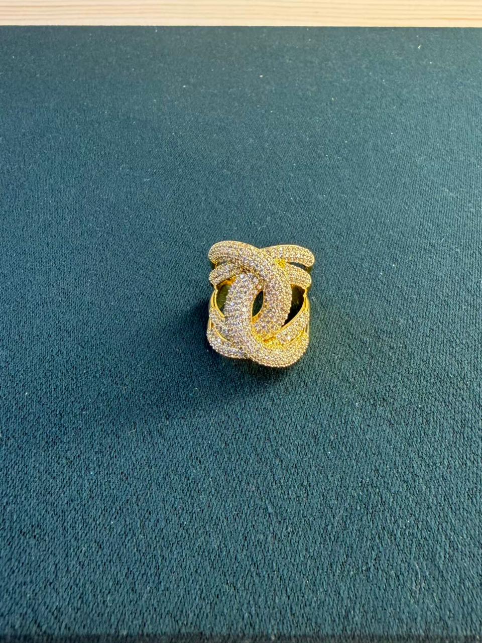 White Stone Crisscross Design Gold Plated Ring Size 8 US