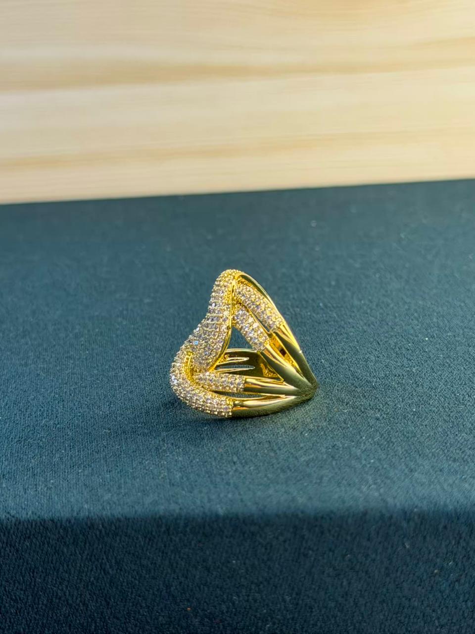 White Stone Crisscross Design Gold Plated Ring Size 8 US