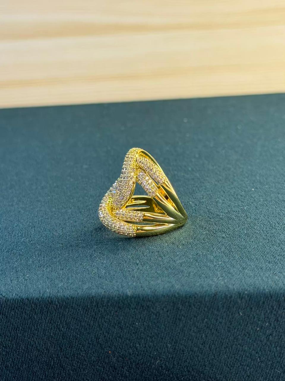 White Stone Crisscross Design Gold Plated Ring Size 8 US