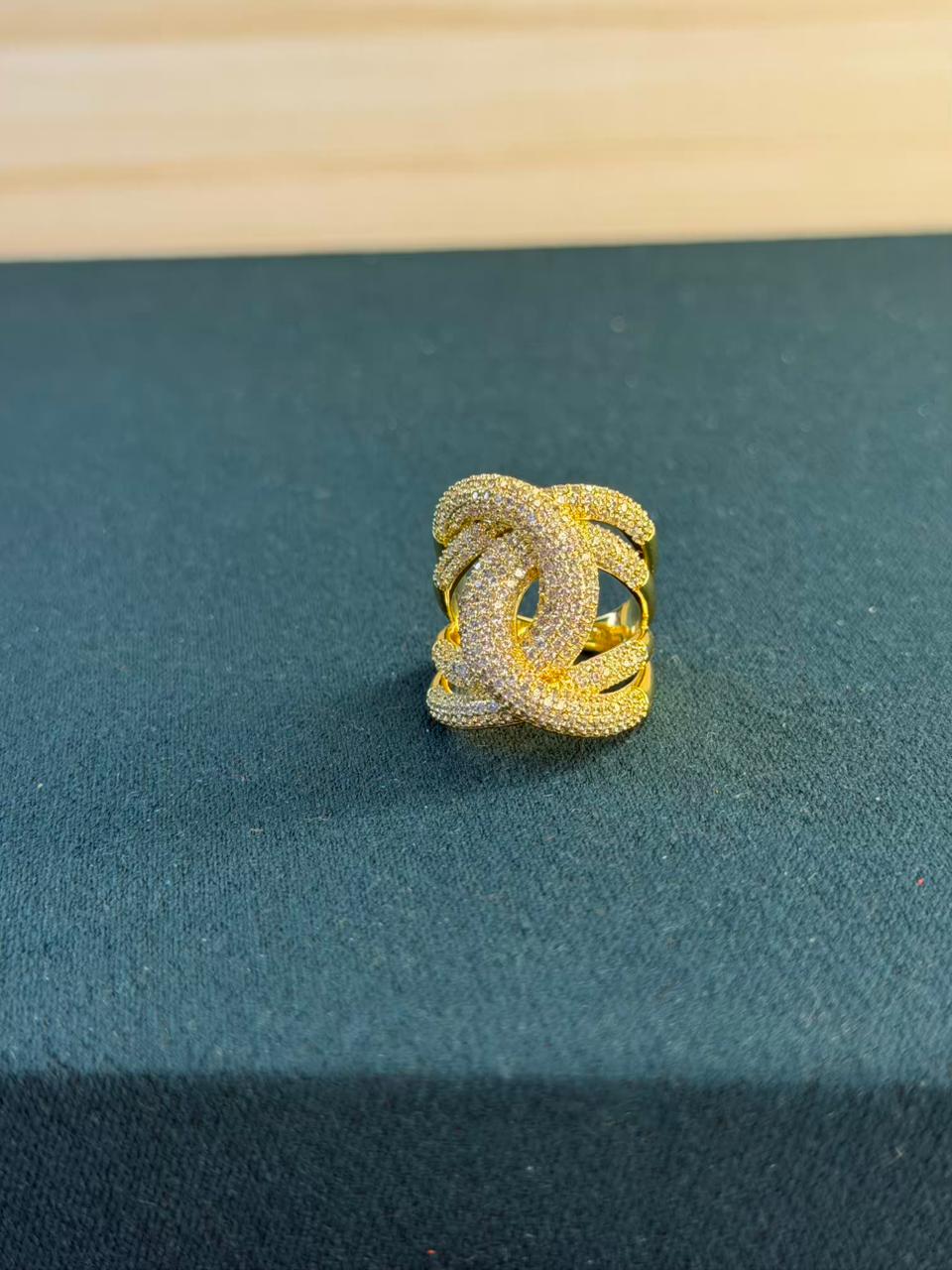 White Stone Crisscross Design Gold Plated Ring Size 8 US