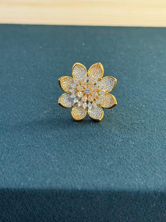 White Stone Flower Design Gold Plated Ring Size Adjustable