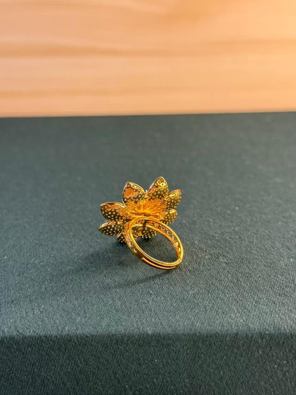 White Stone Flower Design Gold Plated Ring Size Adjustable