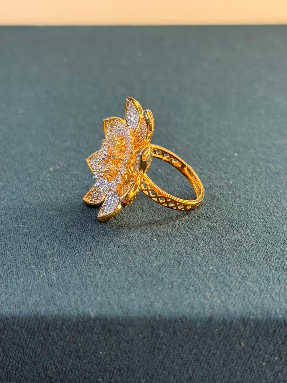 White Stone Flower Design Gold Plated Ring Size Adjustable