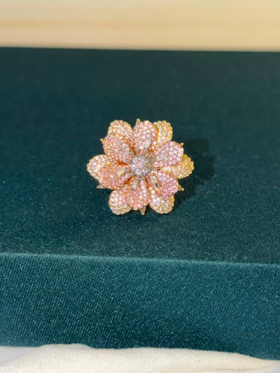 Pink Stone Flower Design Gold Plated Ring Size Adjustable