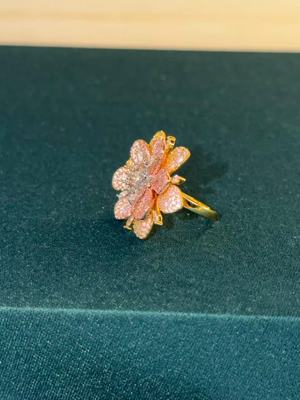 Pink Stone Flower Design Gold Plated Ring Size Adjustable