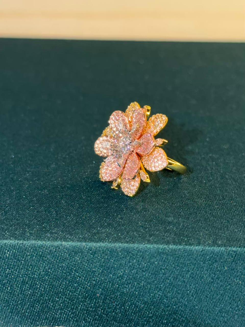 Pink Stone Flower Design Gold Plated Ring Size Adjustable