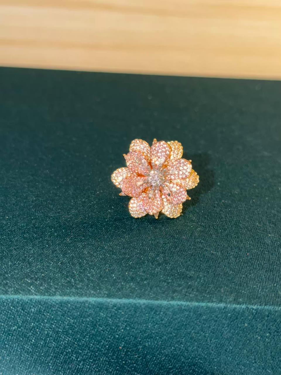Pink Stone Flower Design Gold Plated Ring Size Adjustable