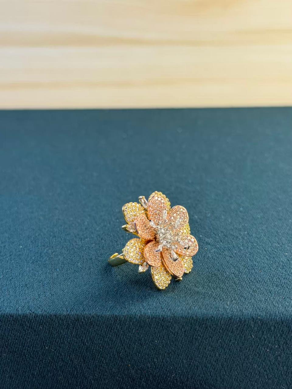 Pink Stone Flower Design Gold Plated Ring Size Adjustable