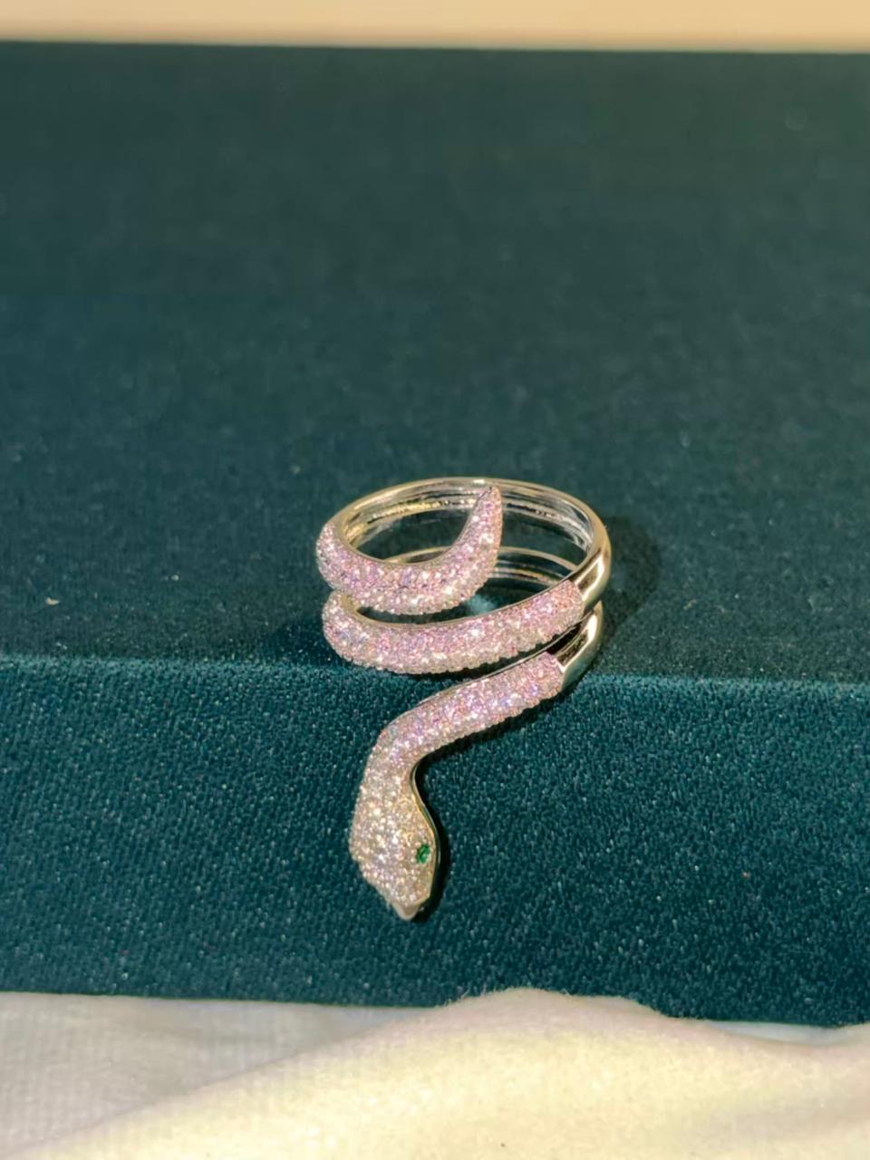 Pink Stone Wrap Snake Design Silver Plated Ring Size Adjustable