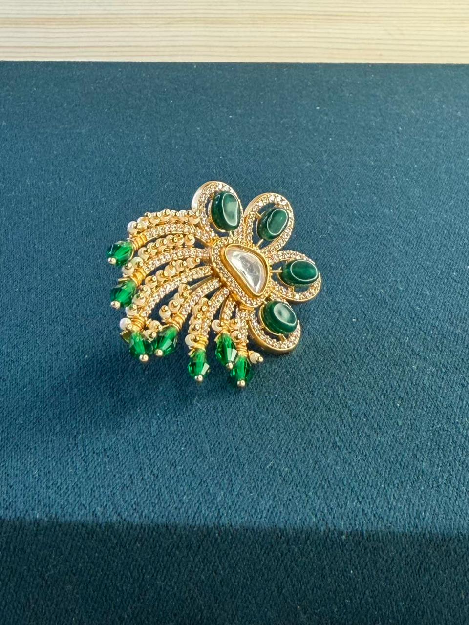 Green Stone Floral Peacock Design Gold Plated Ring Size Adjustable