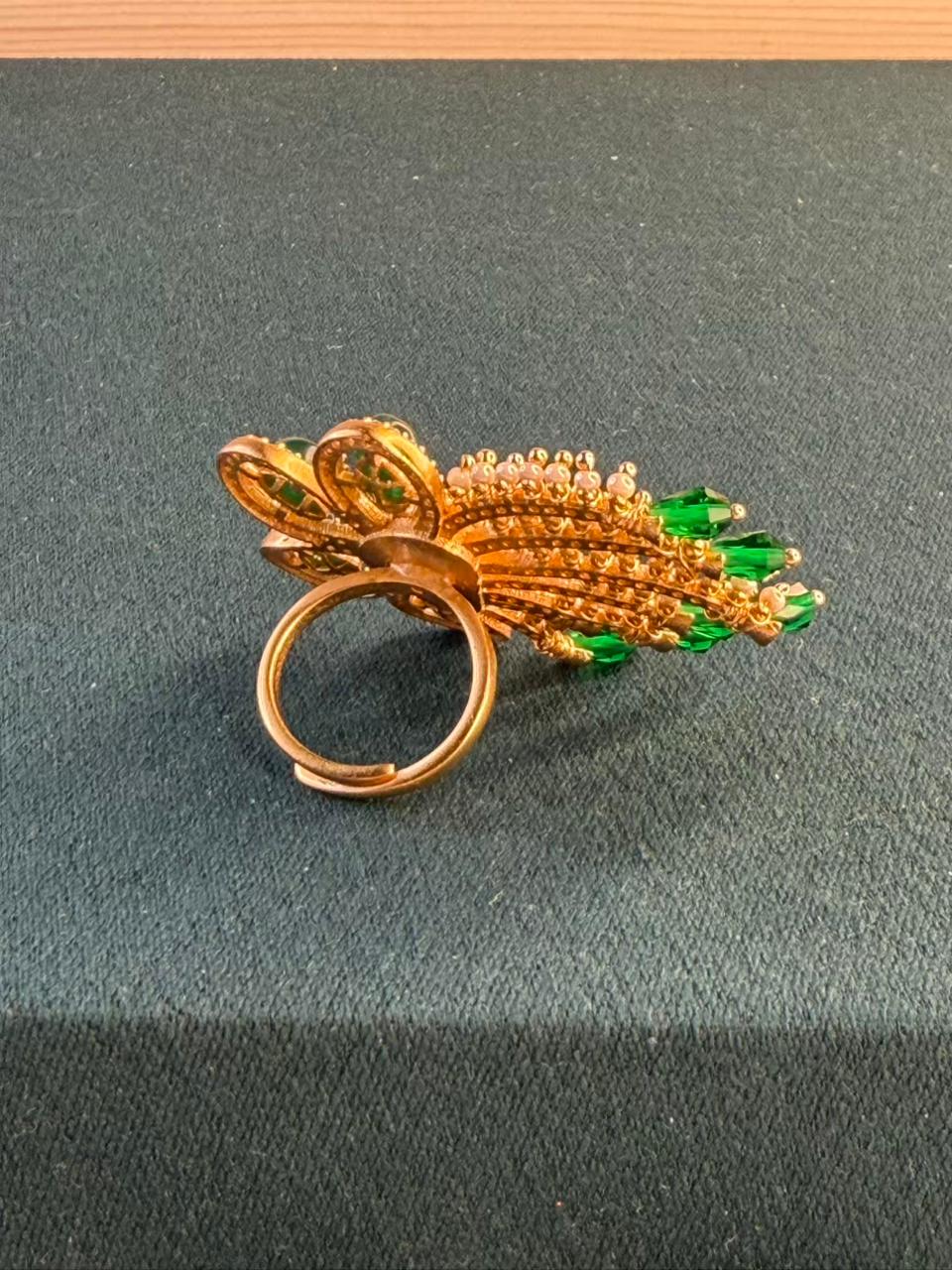 Green Stone Floral Peacock Design Gold Plated Ring Size Adjustable