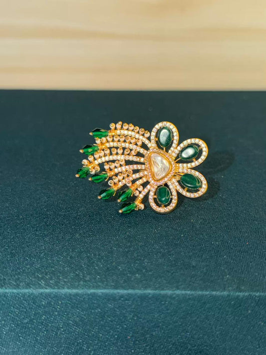 Green Stone Floral Peacock Design Gold Plated Ring Size Adjustable