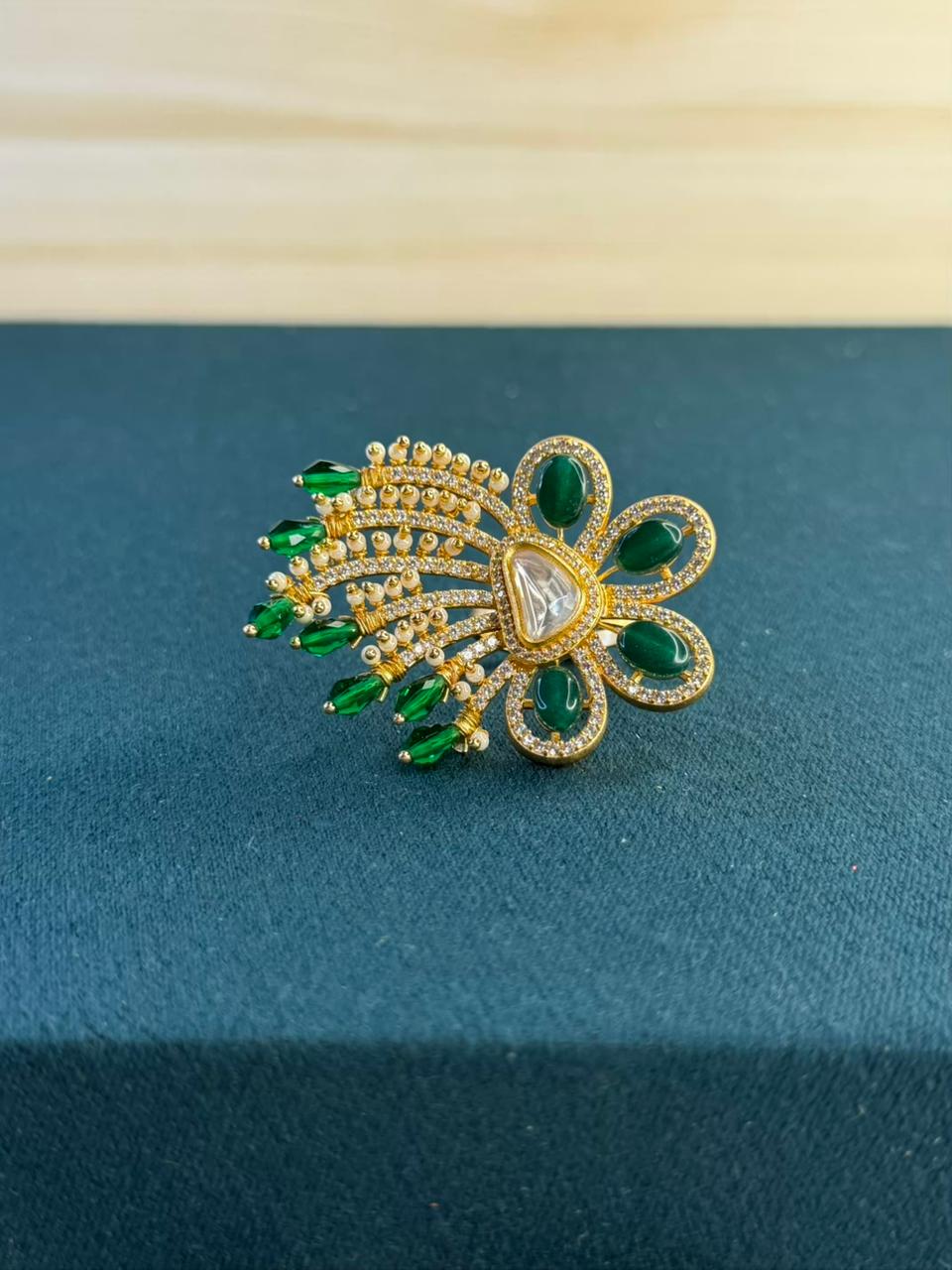 Green Stone Floral Peacock Design Gold Plated Ring Size Adjustable