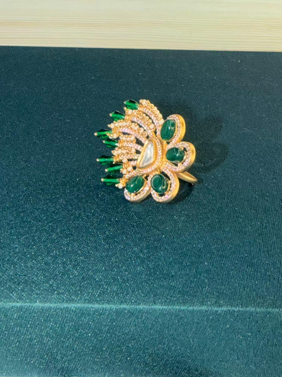 Green Stone Floral Peacock Design Gold Plated Ring Size Adjustable