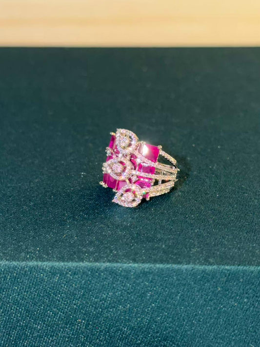 Pink Stone Statement Design Silver Plated Ring Size Adjustable