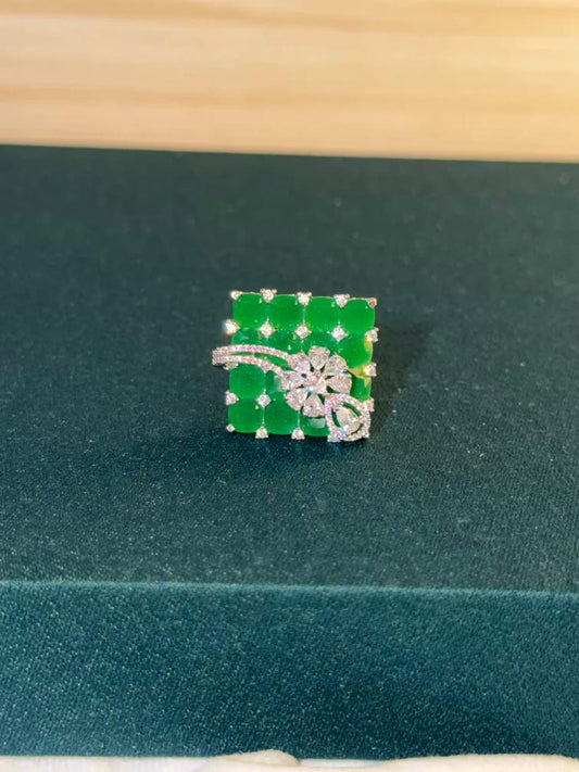 Green Stone Grid Design Floral Silver Plated Ring Size Adjustable