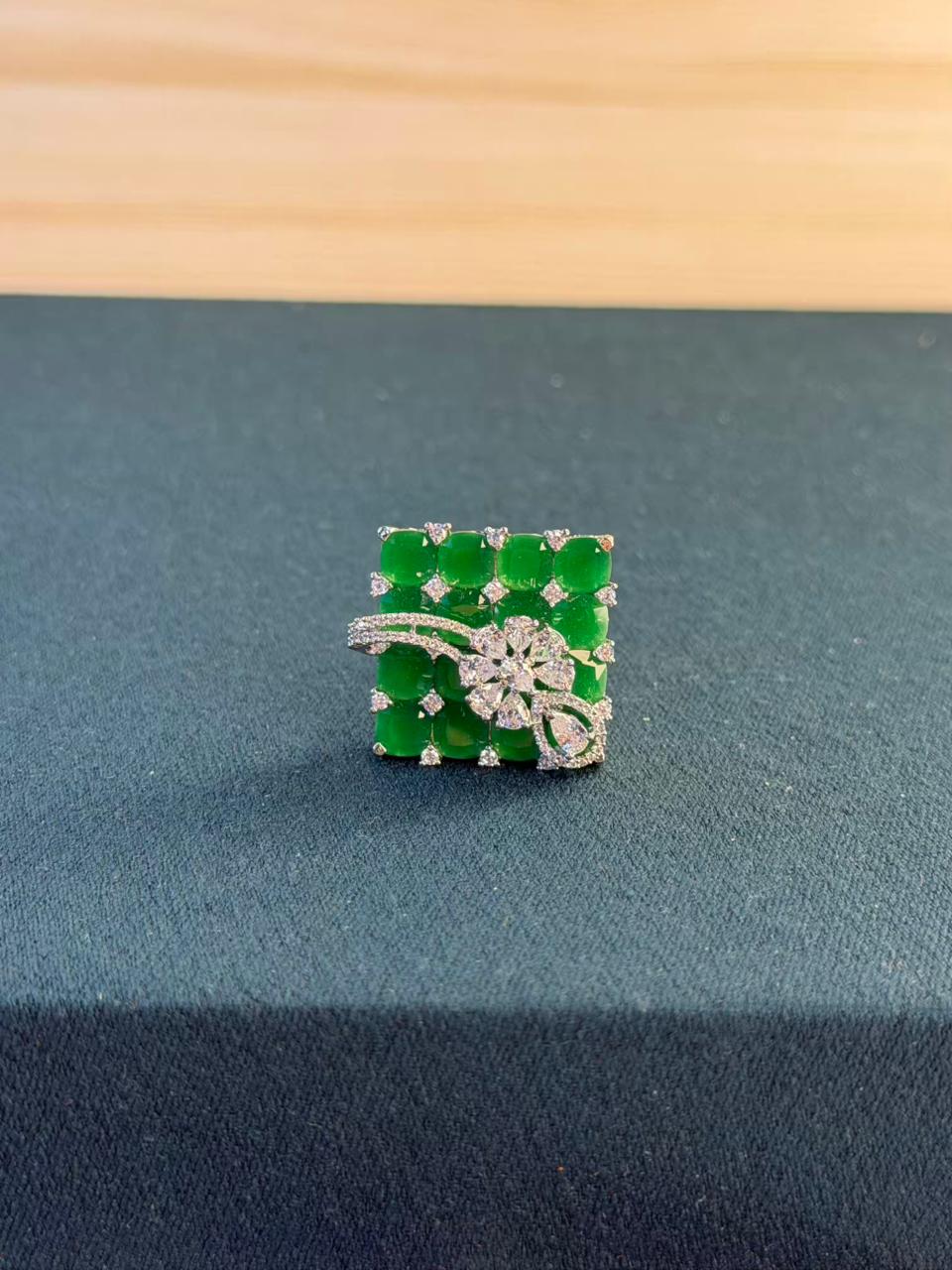 Green Stone Grid Design Floral Silver Plated Ring Size Adjustable