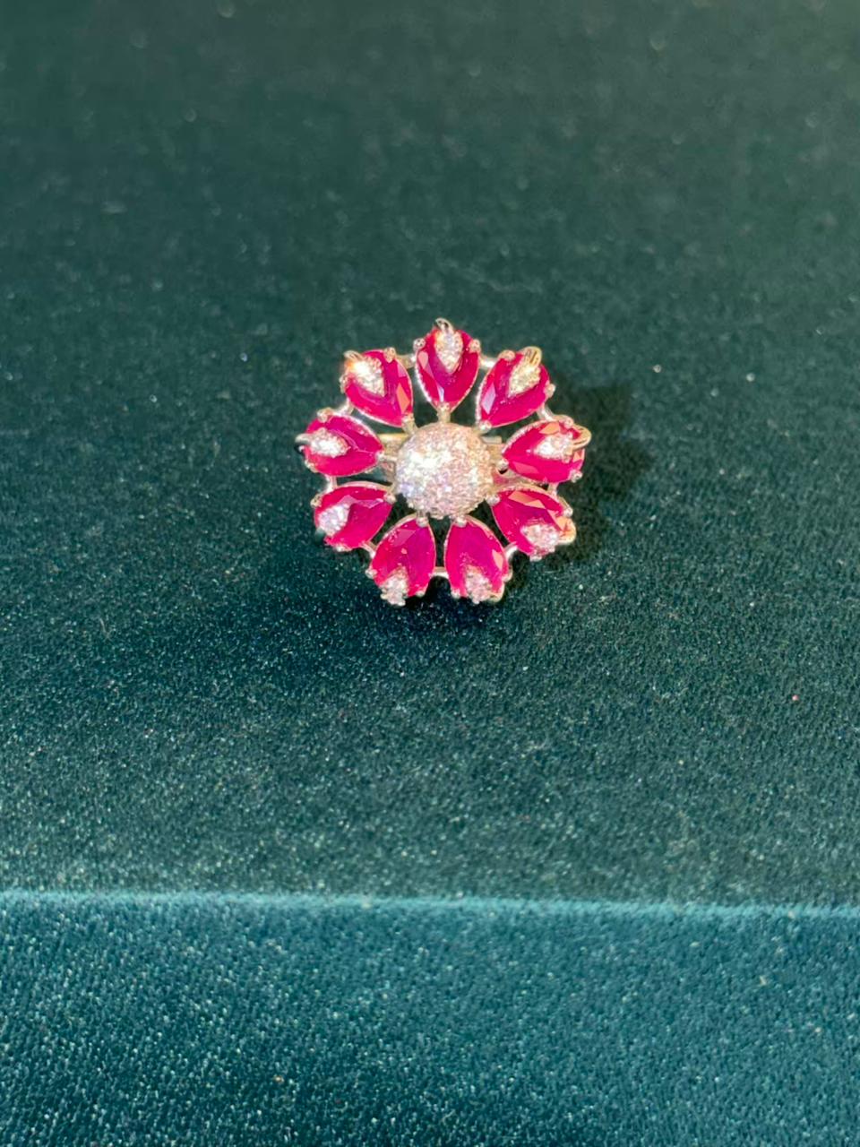 Pink Stone Round Cluster Design Silver Plated Ring Size Adjustable