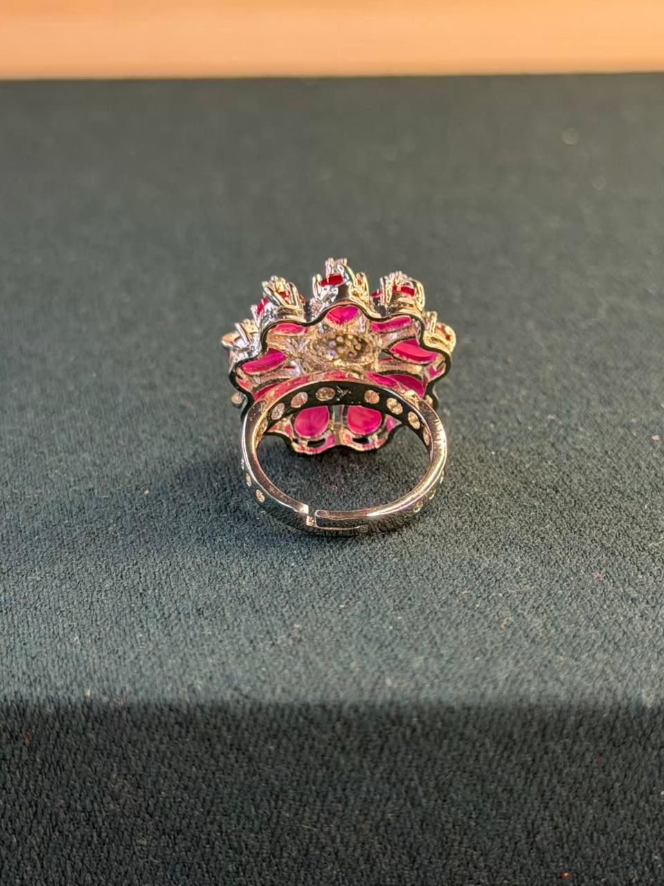 Pink Stone Round Cluster Design Silver Plated Ring Size Adjustable