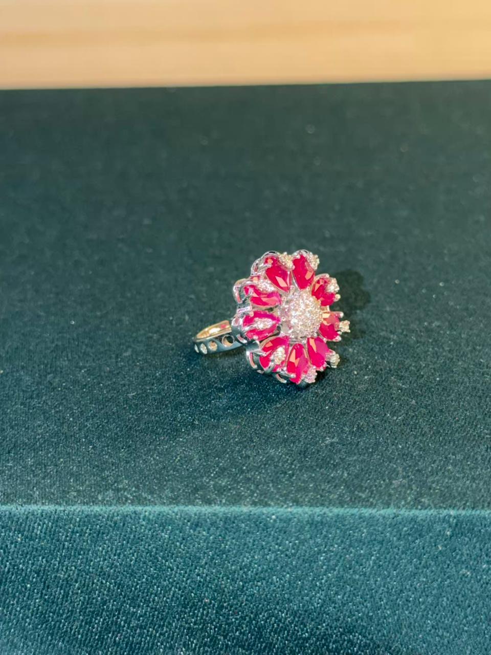 Pink Stone Round Cluster Design Silver Plated Ring Size Adjustable