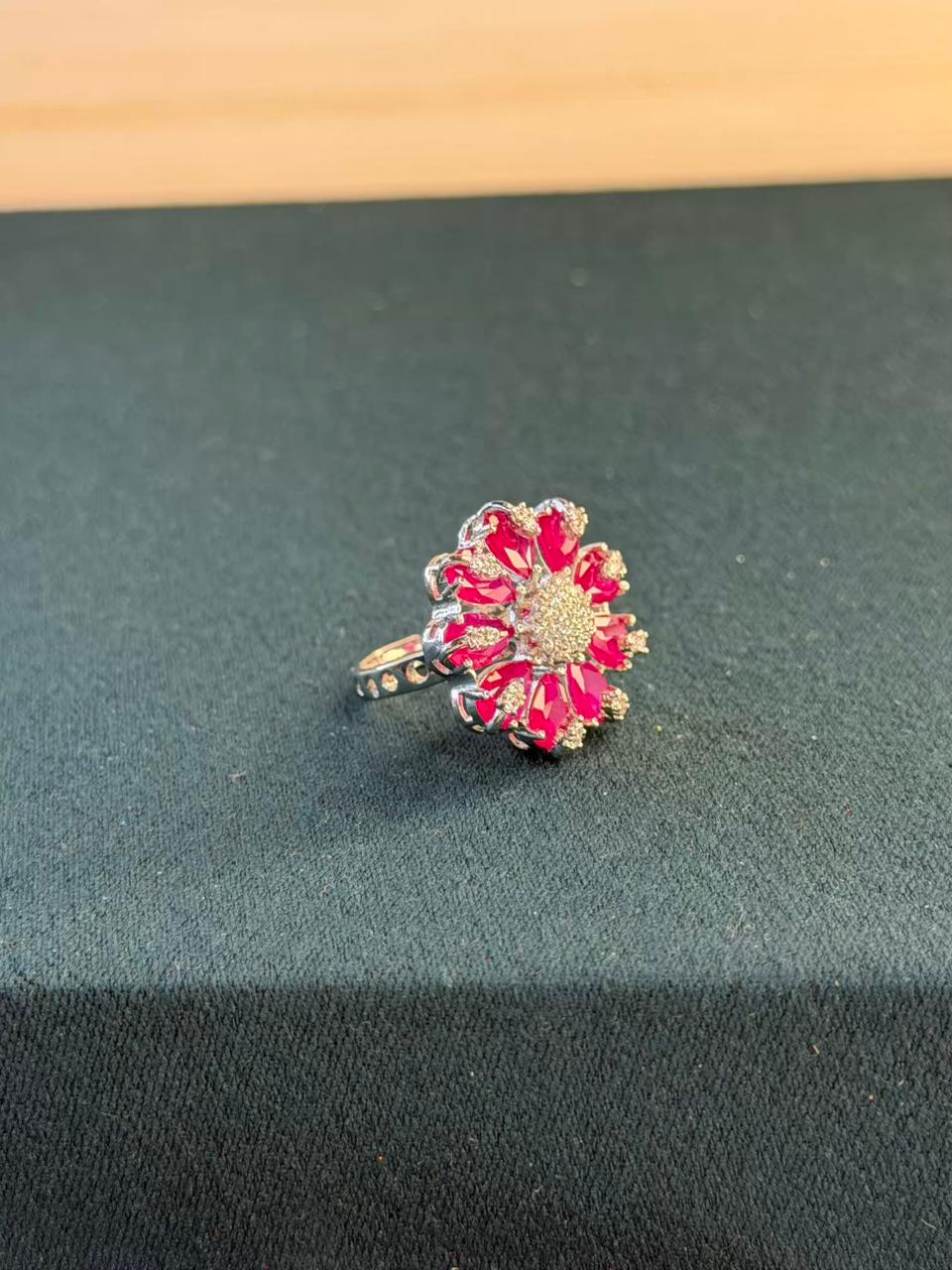 Pink Stone Round Cluster Design Silver Plated Ring Size Adjustable