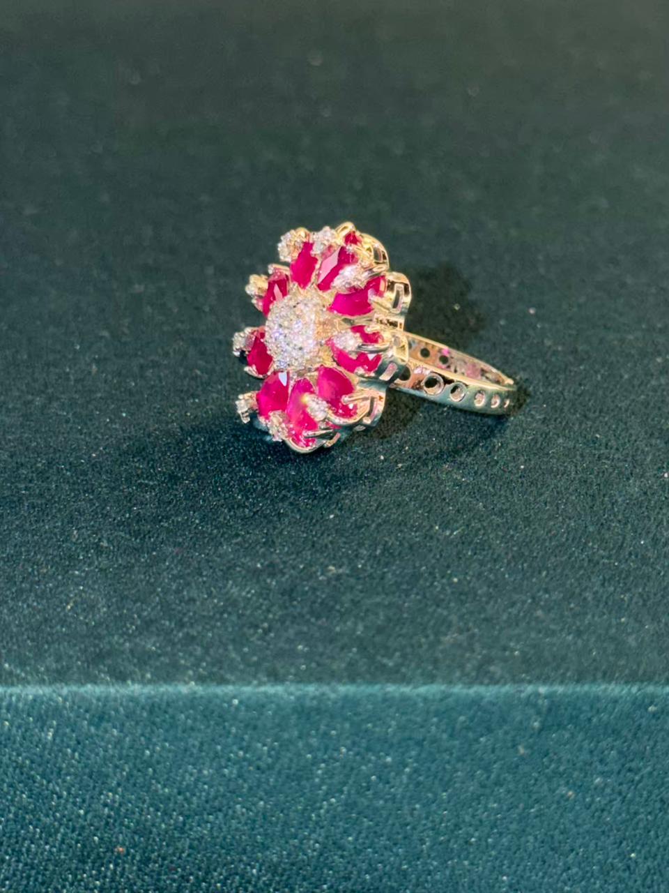 Pink Stone Round Cluster Design Silver Plated Ring Size Adjustable