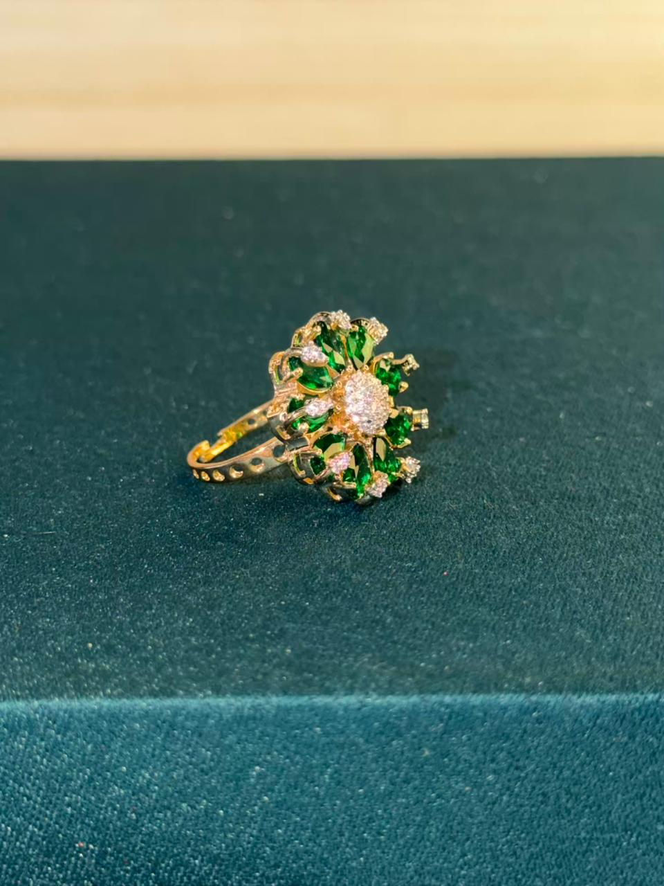 Green Stone Round Cluster Design Gold Plated Ring Size Adjustable