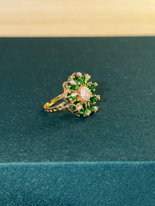 Green Stone Round Cluster Design Gold Plated Ring Size Adjustable